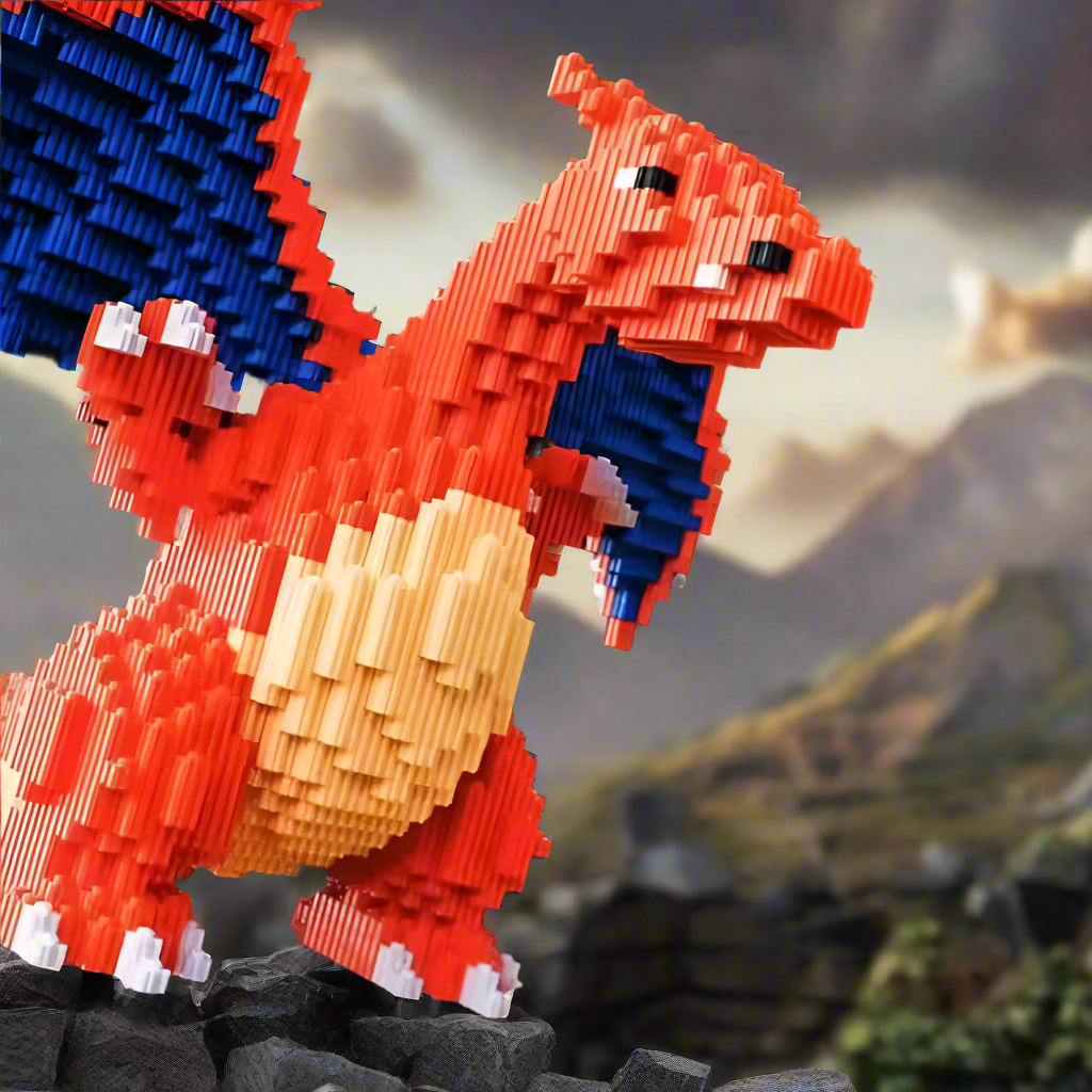 Hand holding a large, detailed model of a Charizard Pokémon made from interlocking bricks against a blurred natural background.